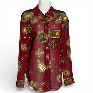 Vintage 80s Nicola Sheer Chiffon Blouse Burgundy Art Print Button Up Top Size M